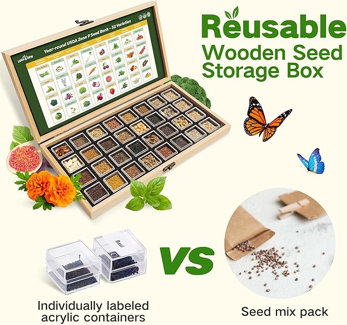 Lush&Dew Year-Round USDA Zone 9 Seed Bank, Gift for Mom Dad, 32 Varieties Non-GMO Heirloom Seeds of Vegetables, Herbs Gardening Gifts for Women Men, Survival Kit for Raised Garden Bed, Greenhouse
