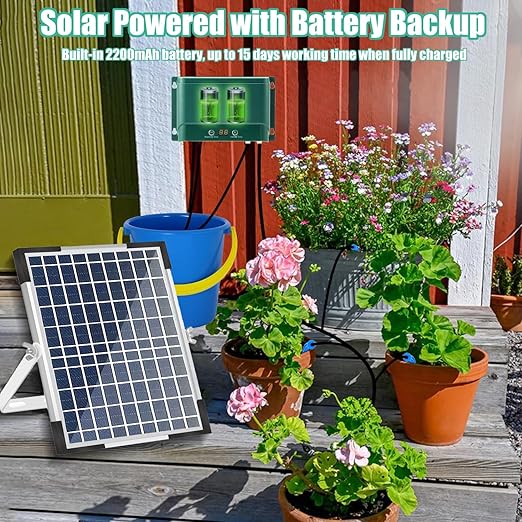 Lewisia 10W Solar Automatic Drip Irrigation Kit Auto Watering System Solar Powered Auto-Irrigation Set for Garden Raised Beds Patio Lawn Greenhouse Potted Plants Up to 50 Plants