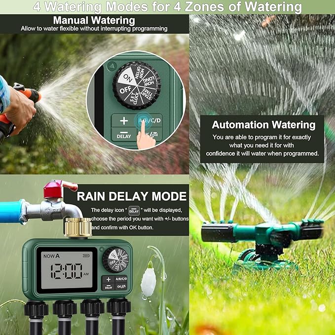 4 Zone Sprinkler Timer with Brass Inlet,Programmable Water Timer for Garden Hose with Rain Delay, Manual& Automatic Watering System,Programmable Digital for Lawn Yard,4 Zone