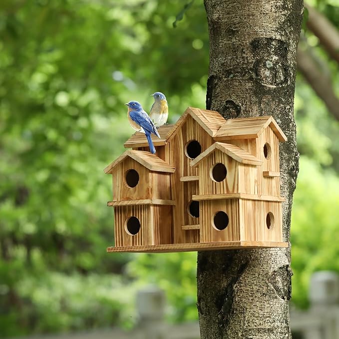 Bird Houses for Outside 10 Hole Bird House Room for 10 Bird Families Large Bird House for Garden/Courtyard/Backyard Decor Finch Bluebird Cardinals Handmade Hummingbird House