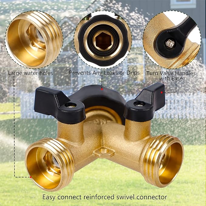 Biswing 2 Pack Garden Hose Splitter 2 Way, Heavy Duty Brass Connector Tap Splitter, Y Splitter 2 Valves with 4 Extra Rubber Washers