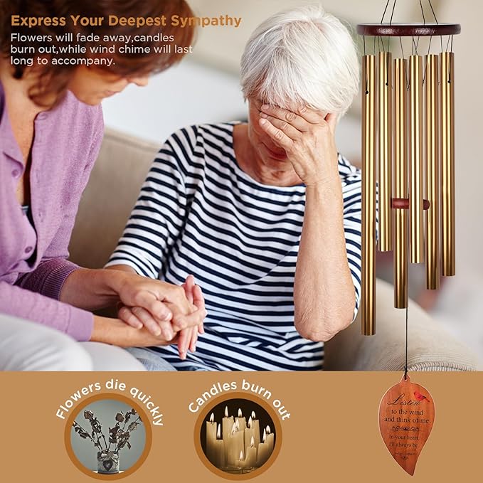 Golden Aluminium Windchimes for Outdoors - Deep Tone Memorial Wind Chimes for Loss of Loved One