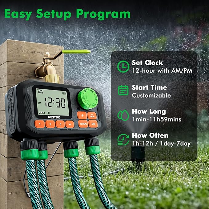 RESTMO 4 Zone Sprinkler Timer with Brass Inlet, Programmable Water Timer for Garden Hose, Automatic Control | Manual ON/Off | Rain Delay for Outdoor Faucet, Drip Irrigation and Lawn Watering System