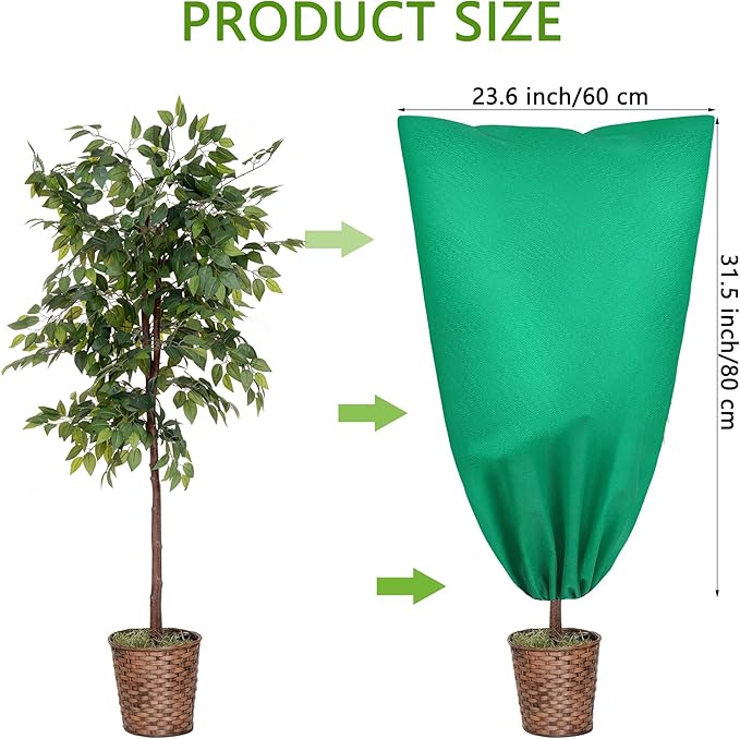 10 Pieces Plant Covers Freeze Protection Winter Plant Frost Cover with Drawstring and Zipper Large Plant Protector Bag for Frost Blankets Jacket for Outdoor Plant, Green, 23.6 x 31.5 Inch