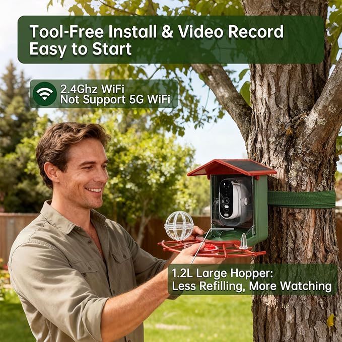 Smart Bird Feeder with Camera, 2K HD, Auto AI Identify 10000+ Birds, Solar-Powered, Night Vision, Real-Time Alerts, Family/Friend Sharing, Gift for Family and Bird Lovers