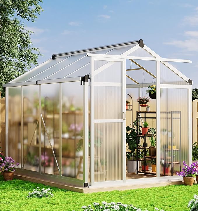6x8 ft Greenhouse, Large Aluminum Greenhouses for Outdoors, Heavy Duty Polycarbonate Greenhouse with Roof Vent, Walk-in Green Houses for Winter Garden, Backyard, Patio, Lawn, Easy Assembly