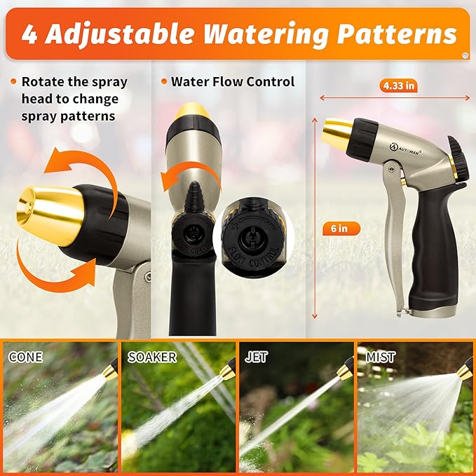 AUTOMAN Garden Hose Nozzle - 100% Metal High Pressure Spray Nozzle, Adjustable Spray Patterns, Labor-Saving, Heavy Duty for Garden Watering, Car Washing, Window Cleaning, Pets Showering