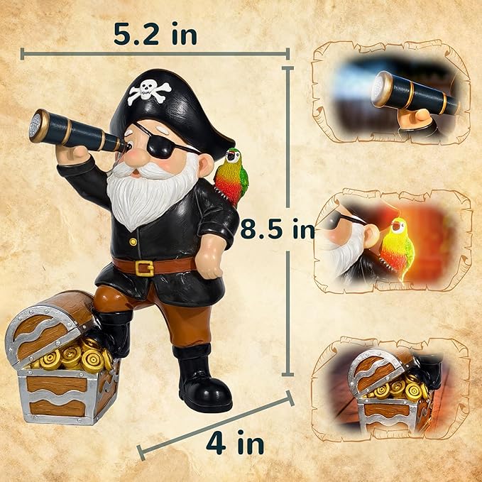 Solar Pirate Gnome Statue – Whimsical Outdoor Garden Decor for Yard, Patio, Lawn, Backyard – Ideal Gift for Women, Garden Lovers, Moms, Birthdays
