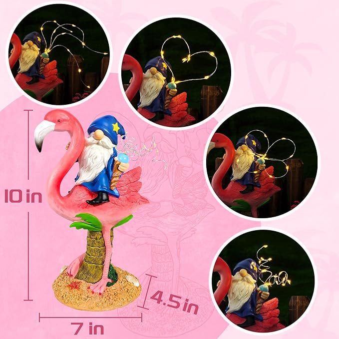 Funny Flamingo Gnome Solar Garden Statue with LED Light - Outdoor Yard Lawn Patio Decor - Great Birthday Housewarming Gift for Women, Mom, Grandma