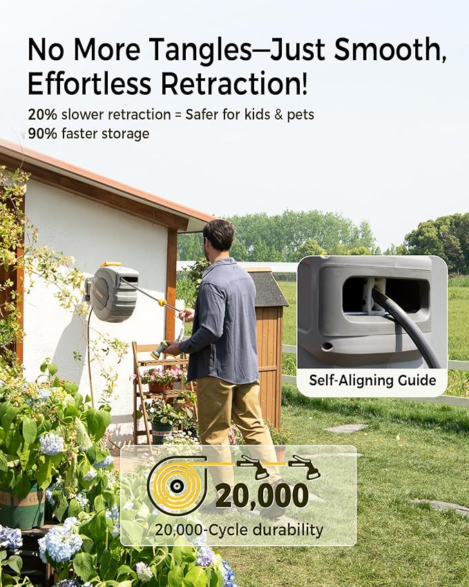 GLAHODEN Retractable Garden Hose Reel 1/2 in x 130 ft, 2025 Upgraded Dual Ratchet Lock UV & Freeze Protection Brass Seal Slow Retraction Anti-Tangle Hose 180°Swivel Reinforced Scaffold Wall Mount