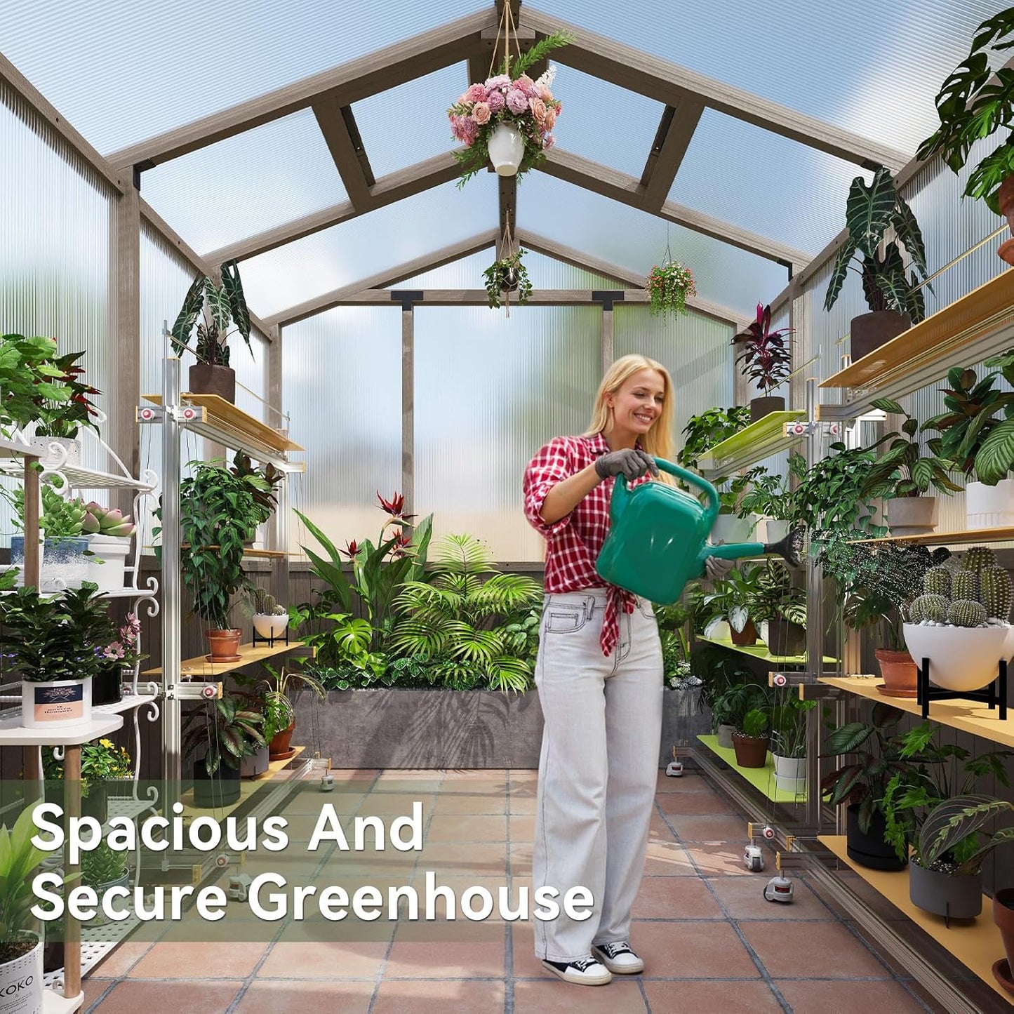 Aoxun 6x8 FT Walk-in Wooden Greenhouse,Solid Cedar Frame,Polycarbonate Panels, Automatically Temperature Control Roof Vent and Lockable Door,for Outdoor, Garden, Backyard,Patio, Lawn, Gray