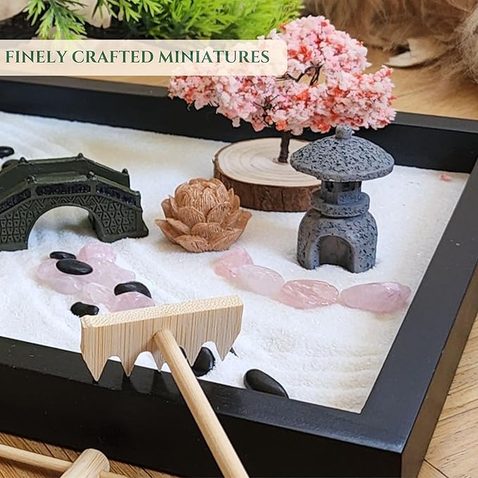 Zen Garden for Desk โ Mini Japanese Rock Garden with Crystals, Bonsai Tree & Sand Tools, 11x7.5in Stress Relief Desk Decor, Meditation & Relaxation Gift Set (Black)