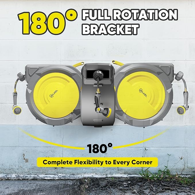 SILVEL Retractable Garden Hose Reel – 5/8 in x 110FT Heavy Duty Automatic Hose Reel Wall Mounted, UV Resistant with 10 Pattern Nozzle, Any Length Lock & Slow Return System, 180°Swivel Bracket, Yellow