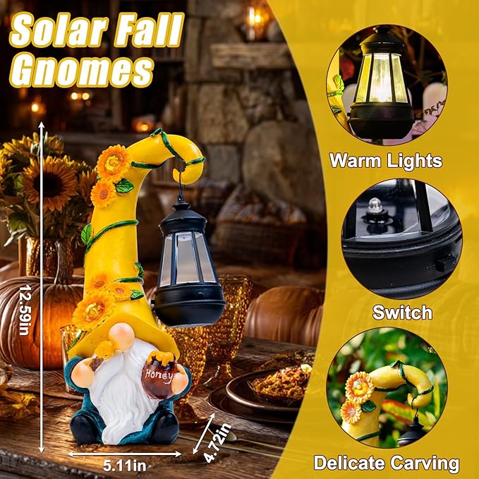 Thanksgiving Decorations for Home Porch 12" Solar Sunflower Gnome Garden Statues Honey Bee Jar Decor with LED Lantern Outdoor Gnomes Decorations Patio Yard Balcony Art Birthday Gifts for Mom Grandma