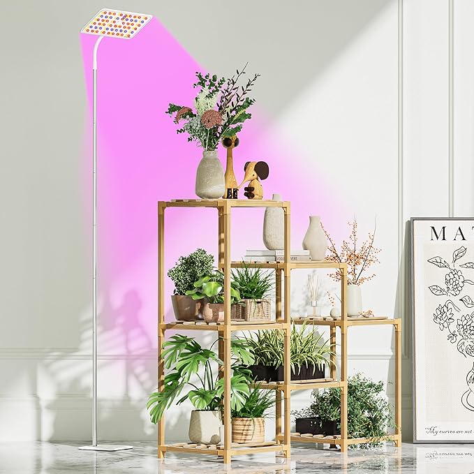 KINGPLUS Grow Lights with Base, Full Spectrum Growing Light for Indoor Plants, 120 LEDs, 4 Dimmable Levels, Timer 4/8/12h, 12-60inches Height Adjustable,18w, Ideal for Desk Small Plants