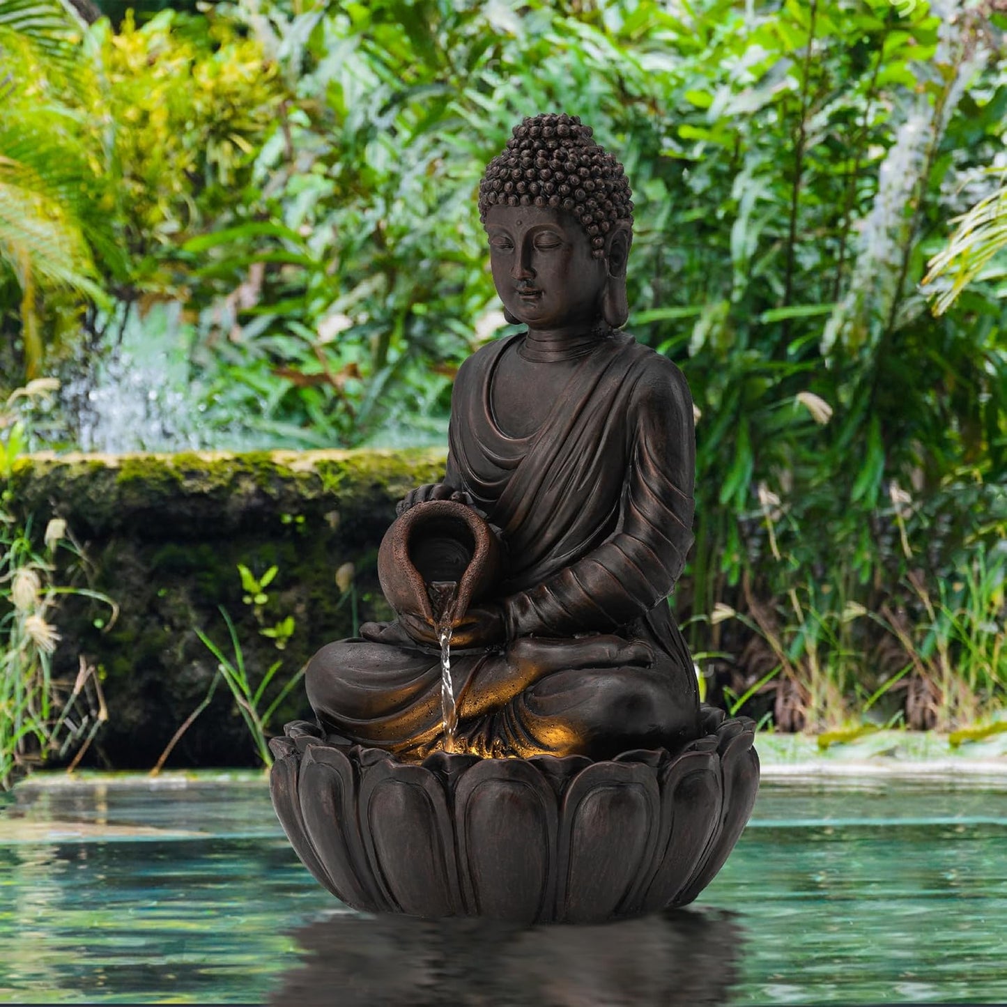 Glitzhome Buddha Fountain Outdoor 2 Tier Zen Style Buddha Water Fountains with Pump & LED Light, Buddha Fountains and Waterfalls Outdoor Floor Fountain Buddha Statues for Garden Patio Backyard 21" H