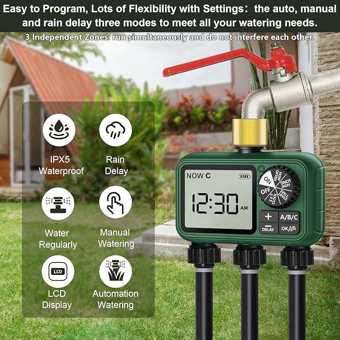 3 Outlet Sprinkler Timer Brass, Programmable Garden Hose Timer with Rain Delay, Manual& Automatic Watering System, Waterproof Gardening Supplies Irrigation Controller for 3 Separate Water Zones