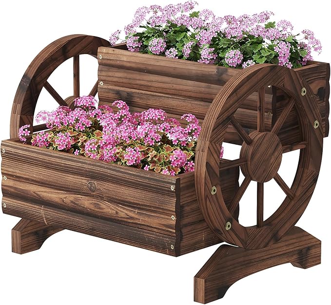 Wooden Flower Cart with Wheels Wooden Wagon Planter Outdoor Garden Planter, Decor Planter for Patio Balcony Decoration Succulent Flower Pot Flower Cart for Indoor Backyard Balcon Décor