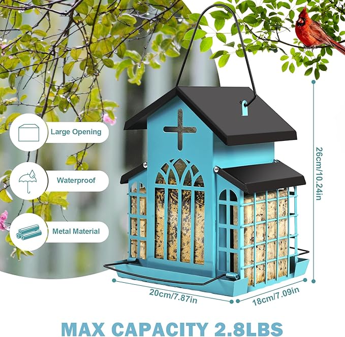 Church Metal Hanging Bird Feeder for Outdoors, Weatherproof Suet Feeders for Outside Hanging, Large Bird Feeders Great for Attracting Finch, Woodpecker and More Wild Birds-5LB