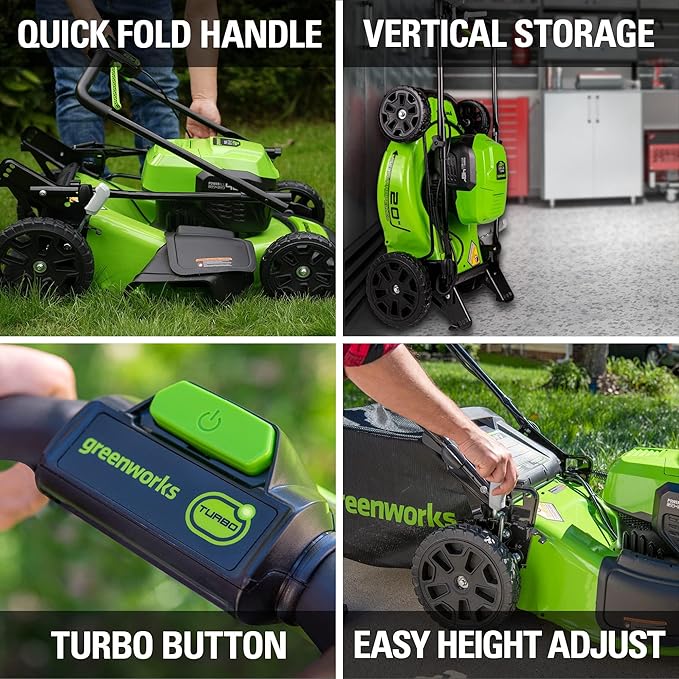 Greenworks 48V (2x24V) Lawn Mower Combo - 20" Push Mower, 12" String Trimmer, 320 CFM Leaf Blower + 24V Cordless Speed Saw - Ideal for Yard & Indoor