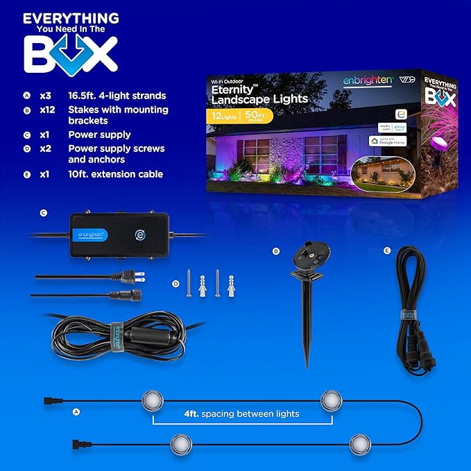 Enbrighten Vibe Eternity Garden Lights, 50ft, 12 RGBWIC LEDs, Waterproof, Uplights, Outdoor Landscape Lighting, Home Exterior Spotlight, Smart App, Works with Alexa, Google Home, 83790