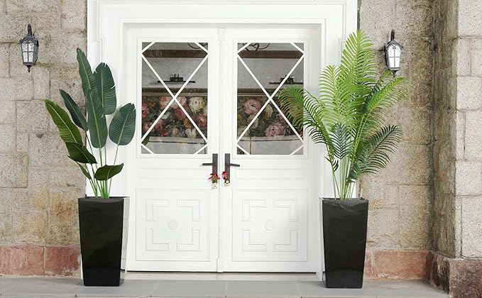 GarveeLife 30 in Tall Planters Set of 2, Outdoor&Indoor Black Planter Pots, High Front Porch Planter Pots With Drainage Holes&Water Level Monitor Movable Wheels &Inner Bucket, Automatic Watering,Black