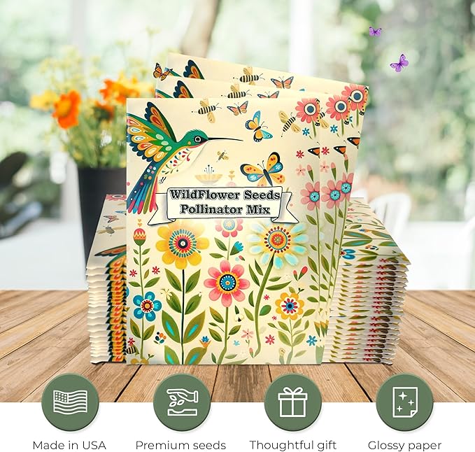 Pollinator Paradise Seed Mix (20 Packs) Seeds Packets for Humming Birds, Butterflies and Bees - Ideal for Wedding Party Favors Bridal Shower School Events Thank You Corporate Event Memorials