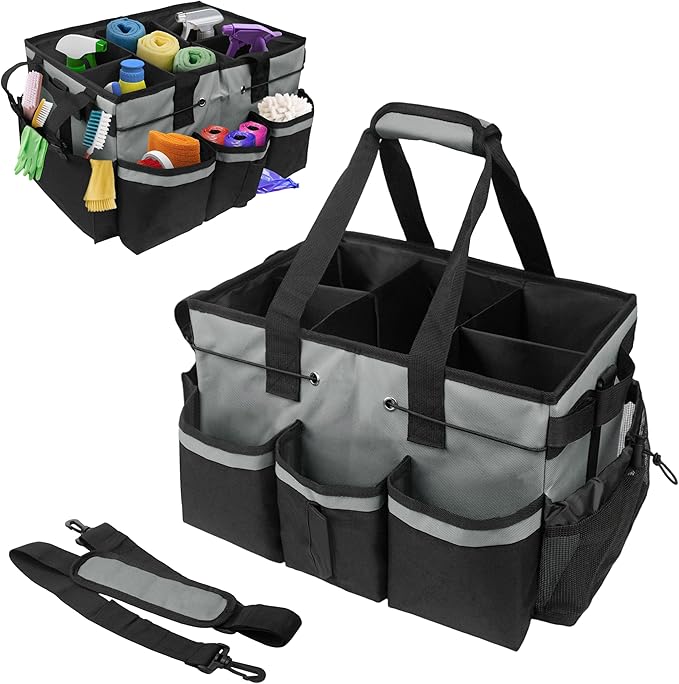 ZKOO Large Cleaning Caddy Bag with Handle, Built-in Sturdy Support Board, Adjustable Shoulder Strap, Multi-compartment Design Cleaning Supply Tote for Cleaners & Housekeepers (Gray)