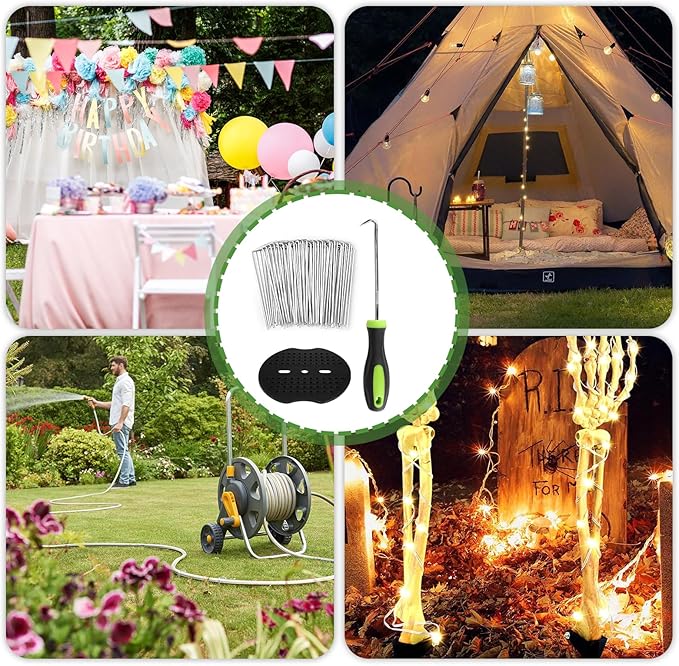 Garden Stakes,6 Inch 11 Gauge 20pcs Galvanized Landscape Staples + 20pcs Gaskets + 1Pick Hook, Tent Stakes Landscaping Fabric SOD Pins for Weed Fabric Barrier,Groud Cover,Fence