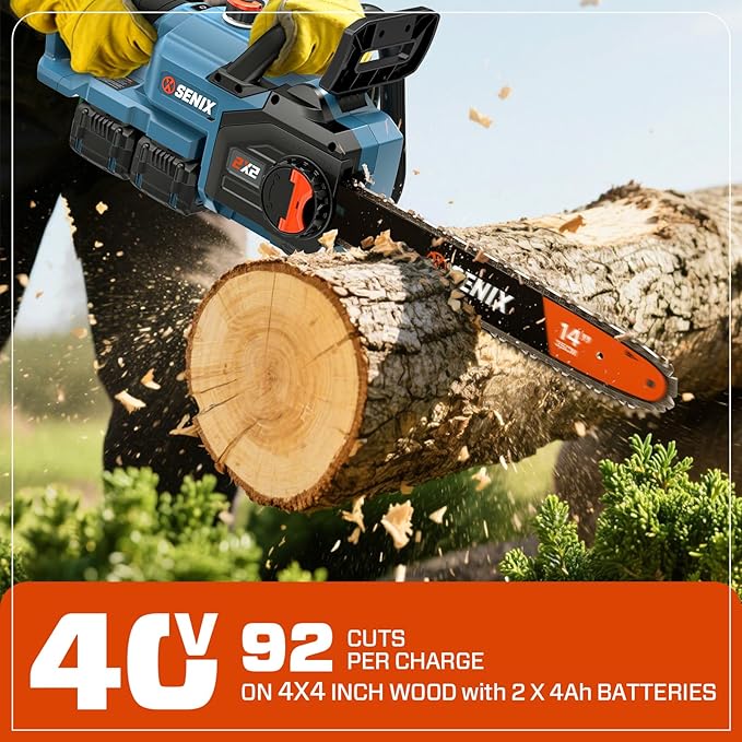 SENIX 40V 14" Electric Chainsaw, Cordless Battery Powered Chainsaw, Brushless Chain Saw, Includes 2x4Ah Batteries & Charger, Garden Tool for Trees, Pruning, Branch Cutting, Yard, Gift, CSX2-M2