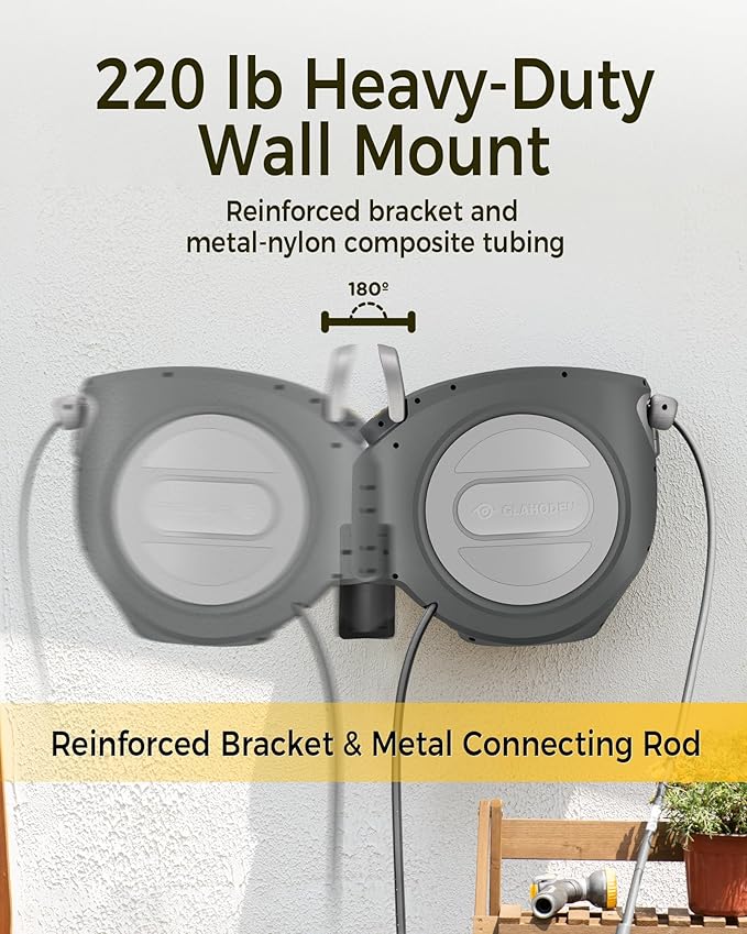 GLAHODEN Retractable Garden Hose Reel 1/2 in x 100 ft Upgraded UV Resistant Heavy Duty Automatic Hose Reel Wall Mount 3/4 in Brass Fitting 9 Pattern Nozzle Any Length Lock Slow Retraction 180° Swivel