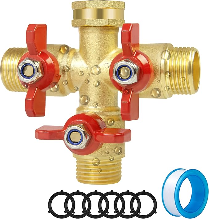 Full Flow 3 Way Hose Splitter, Solid Brass Garden Hose Splitter Valve with Metal Handle, Heavy Duty High Flow Spigot Splitter with Shut off Valve, 3/4 Inch Garden Tap Splitter