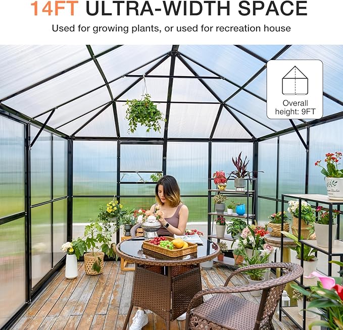AMERLIFE 14x9.5x9FT Walk-in Polycarbonate Greenhouse with Quick Connector, Fast Assembly Aluminum Greenhouse for Outdoors, Swing 2 Doors, Black