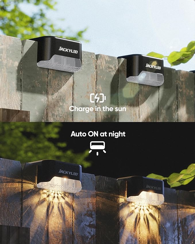 JACKYLED 12 Pack, Step Lights Waterproof LED Solar Power Outdoor Fence Light for Deck Stair Railing, Outside Lighting for Wall Garden Backyard Patio Balcony Decor