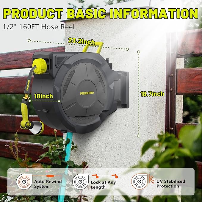 Retractable Garden Hose Reel 1/2 in x 160Ft Extra Long,Heavy Duty Automatic Water Hose Reel Wall Mounted with 10 Pattern Nozzle, Any Length Lock, Slow Return System, 180ยฐSwivel Bracket