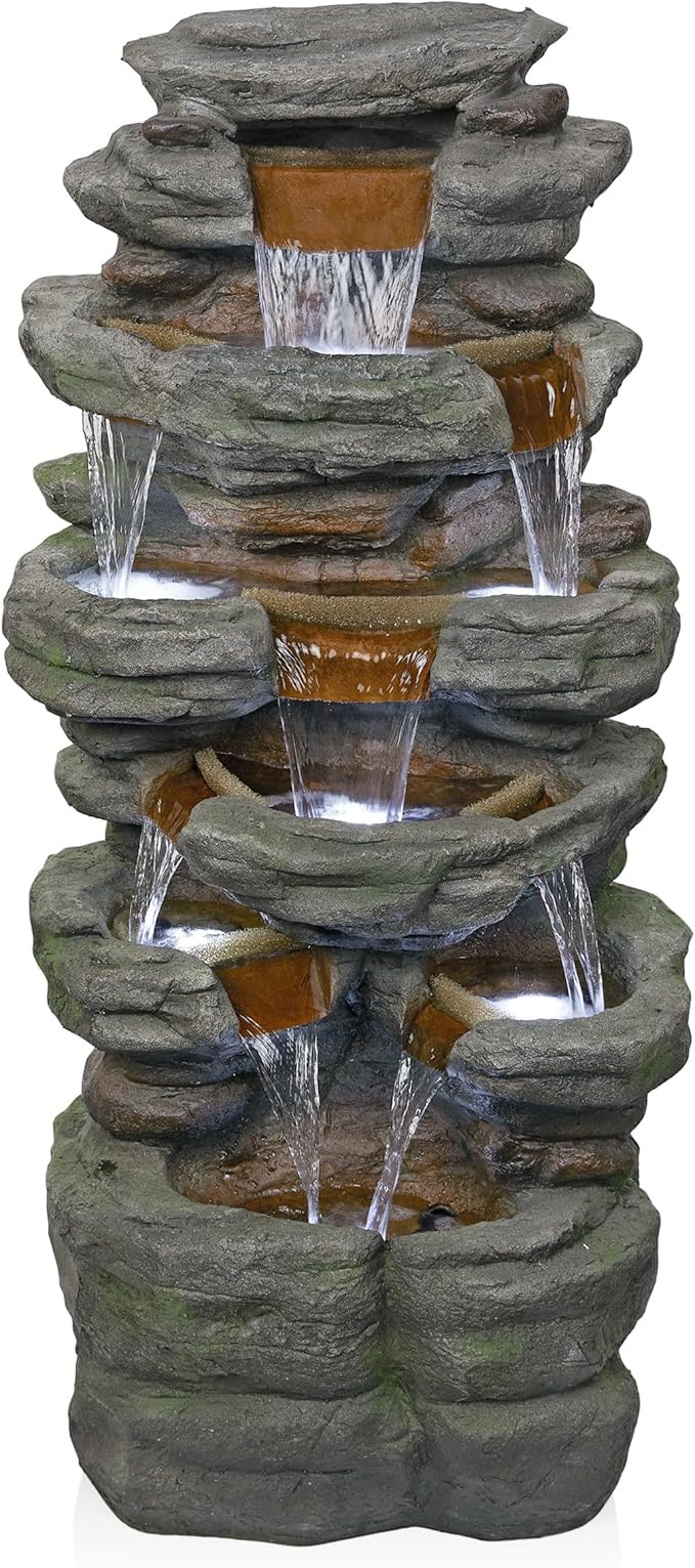 Alpine Corporation TZL352 Outdoor Floor Stone Tower Fountain with LED Lights, Multi-Level Garden Water Fountain, 47"H, Gray