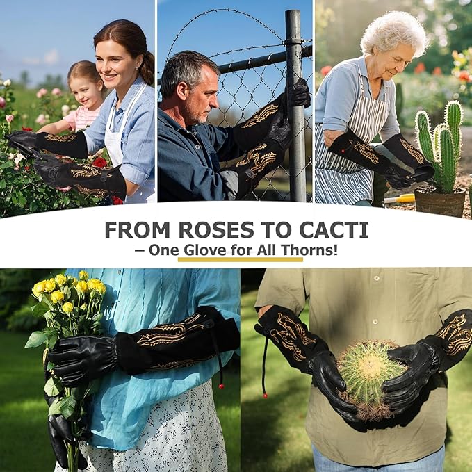 Gardening Gloves Thorn Proof for Rose Pruning & Cactus Trimming, Cowboy Western Style Long Leather Garden Gloves for Women & Men (Western Style, Medium)