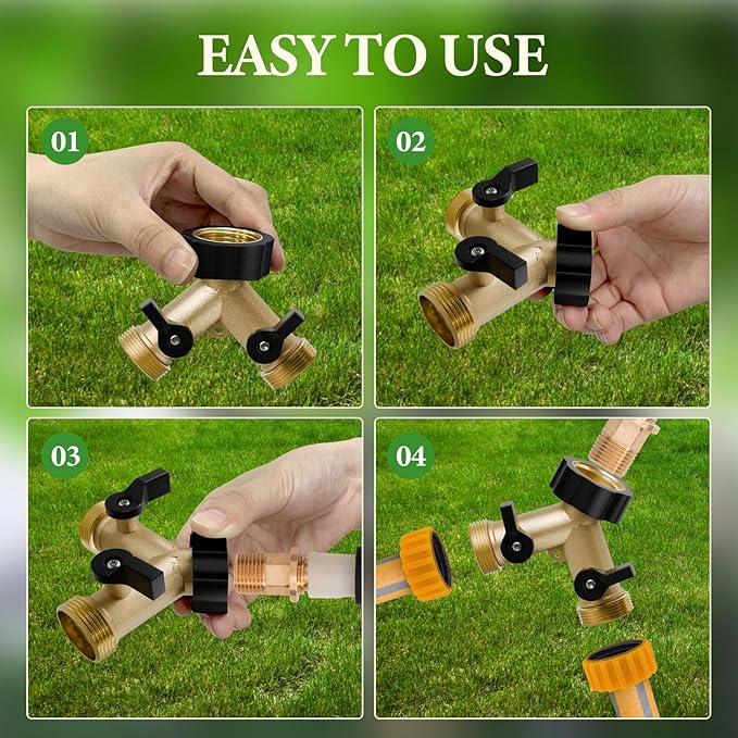 Garden Hose Splitter 2 Way, Y Connector Brass Garden Hose Adapter, Valve Hose Splitter with 2 Extra Rubber Washers, Heavy Duty Connector Tap Splitter, Hose Spigot & Accessories