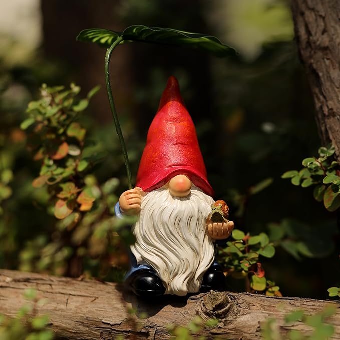 Garden Gnome Statue Decoration with Leaf Umbrella, 6.5” Figurine Ornament for Indoor Outdoor Home Patio Yard Lawn, for Gnome Lovers & Garden Enthusiasts,Mom,Women