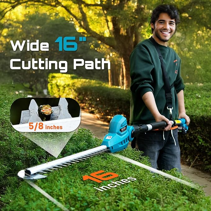 SEESII Pole Hedge Trimmer Cordless: Electric Bush Trimmer Tool for Yard - 16" Dual-Action Blade, Detachable Telescoping Pole, Dual 4.0Ah Battery, Powerful Branches Cutter for Tree & Shrubs Pruning