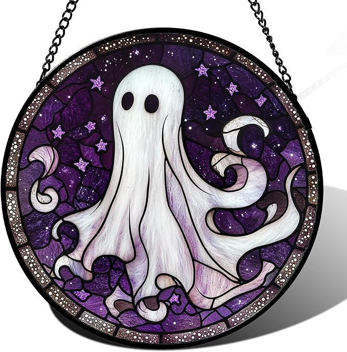 Stained Glass Window Hanging - Halloween Decorations White Ghost Purple Stars Suncatcher for Doors Garden Spooky Funny Sun Catchers Gothic Decor Horror Gifts for Women Men Friend 7.8 in