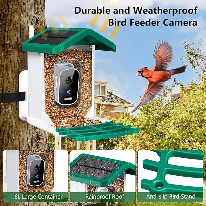 Smart Bird Feeder with Camera, AI Bird Species Identification Solar Powered Panel, 2.5k HD Video Bird House with Camera for Outside Garden, Ideal Gifts for Lover,Green
