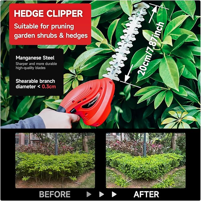 Hedge Trimmer Cordless,2 in 1 Hedge Shrub Grass Shears,21 V Electric Hedge Trimmer Grass Cutter Bush Trimmer with 2 PCS Rechargeable Battery for Garden, Lawn, Yard (Red)