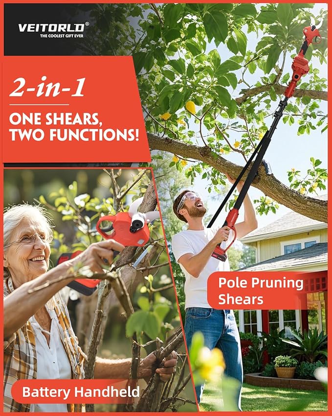 VEITORLD 2-IN-1 Cordless Electric Pole Pruning Shears, 15ft Reach, 1.6" Cutting Diameter, Battery Powered with 2x 2000mAh, Brushless Motor for Efficient Garden Tree Trimming, Branch Cutting(Red)