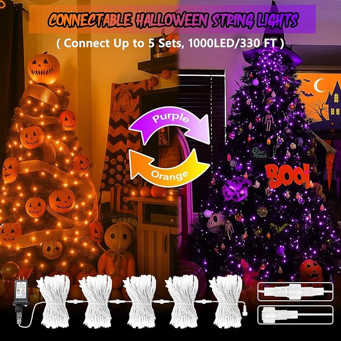 Upgraded Connectable 200 LED Halloween String Lights Outdoor Indoor, 11 Modes Orange to Purple Halloween Decorations Lights, Waterproof Twinkle Fairy Lights Plug in Clear Wire for Tree, Bedroom Decor
