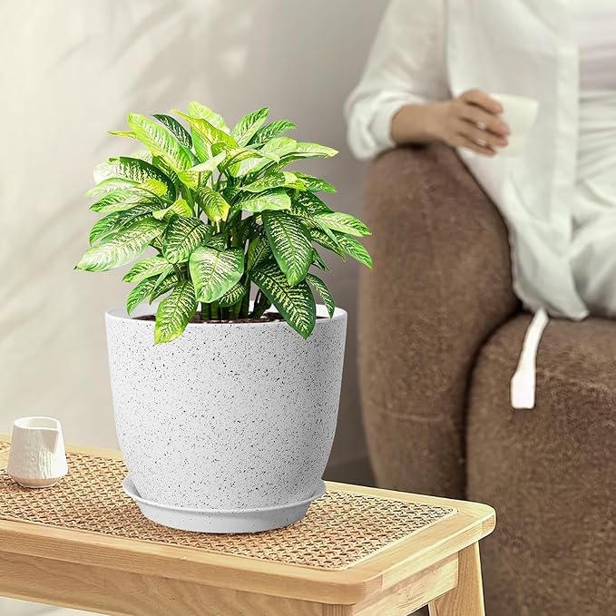 9/8/7.5 inch Flower Pots, Set of 3 Modern Decorative Plastic Planters with Drainage Holes and Saucers for Garden House Plants, Plant Pots for Indoor Outdoor Plants, Speckled White