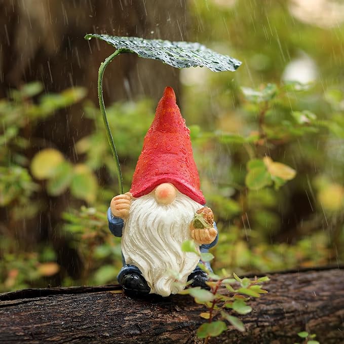 Garden Gnome Statue Decoration with Leaf Umbrella, 6.5” Figurine Ornament for Indoor Outdoor Home Patio Yard Lawn, for Gnome Lovers & Garden Enthusiasts,Mom,Women