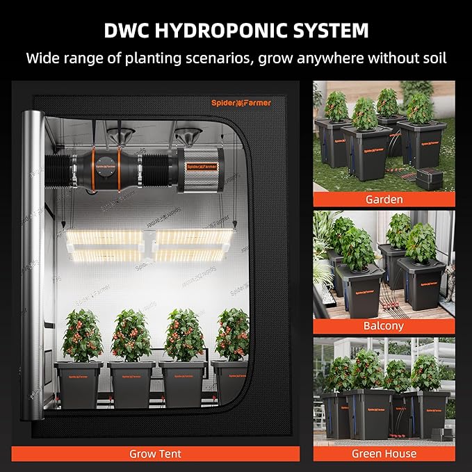 Spider Farmer DWC Hydroponics Grow System with 7-Gallon Deep Water Culture, New Triangular Cover Design, Recirculating Drip Garden System with Top Drip Kit, 15W Air Pump, 4 Buckets