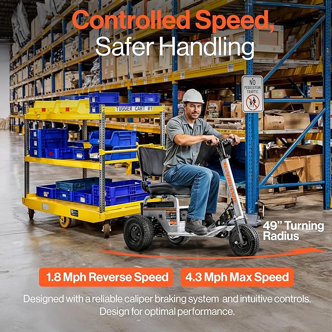 SuperHandy Electric Tugger Cart, Industrial Tow Tractor Riding Scooter - 1 Seater, 2600 lbs Towing Cap, 350 lbs load cap, 48V 4Ah Li-Ion Battery - For Warehouse Material & Mobility Personnel Transport