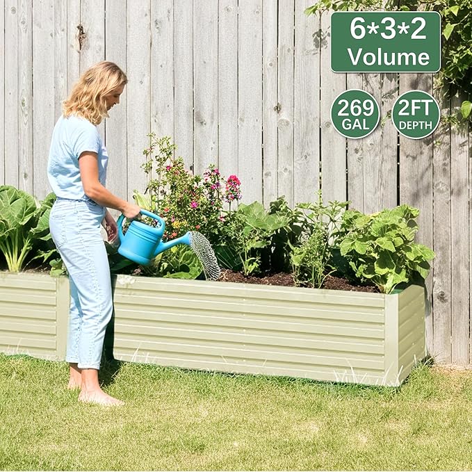 FOOWIN 4pcs 6x3x2ft Galvanized Raised Garden Bed, Planter Raised Garden Boxes Outdoor, Large Metal Raised Beds for Gardening, Garden Bed for Vegetables, Flowers, Herb,269 Gallon Capacity, Cream Yellow